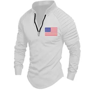 View showing the unique pleated arm design and US flag patch on white stand collar polo