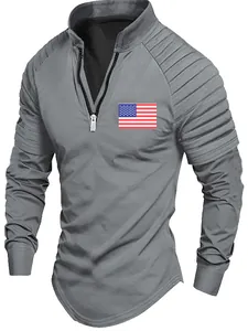 Detailed view of a grey men's long-sleeve polo shirt with pleated sleeves and a US flag chest print
