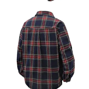 Detailed back view of a loose-fitting red and blue plaid flannel shirt for men style.