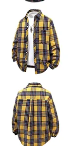 Detailed front and back views of a yellow and blue plaid long sleeve loose flannel shirt