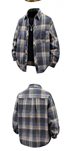 Front and back view of a blue and grey oversized plaid shirt jacket for men.