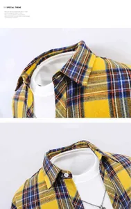 Close-up detail of yellow plaid flannel shirt collar with high-quality button fastening