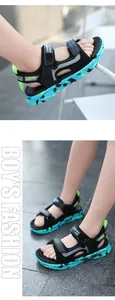 Close-up view of boys' stylish open-toe sports sandals featuring patterned soft soles