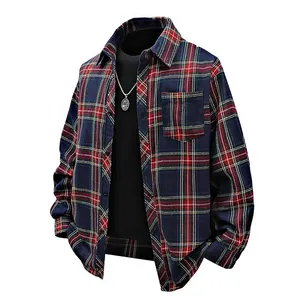 Men's Hong Kong Style Plaid Shirt Loose Fit Long Sleeve Button Down Checked Jacket Casual Unisex Top