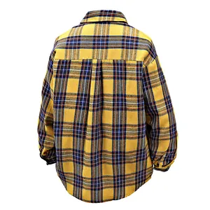 Back view of a yellow plaid flannel shirt for men in a comfortable loose oversized fit.