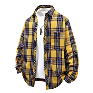 Men's loose yellow plaid flannel shirt jacket for casual spring and autumn wear