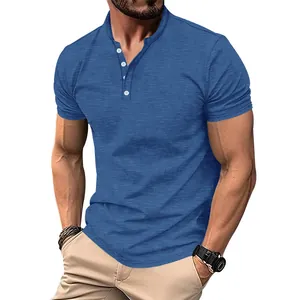 Detail view of retro casual blue slub cotton Henley T-shirt for men with buttons