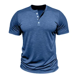 Close-up of a blue short-sleeved Henley t-shirt with slub cotton texture and white buttons