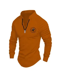 Men's casual orange long sleeve polo shirt with stand collar and pleated sleeves