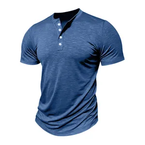 Detail of blue slub cotton Henley T-shirt with textured fabric and three-button placket