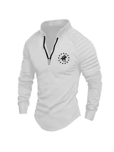 Men's white long-sleeve polo shirt with pleated sleeves and a quarter-zip collar.