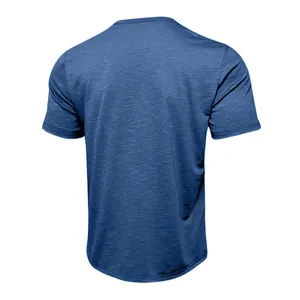 Back view of a retro blue slub cotton texture short sleeve T-shirt for men casual wear
