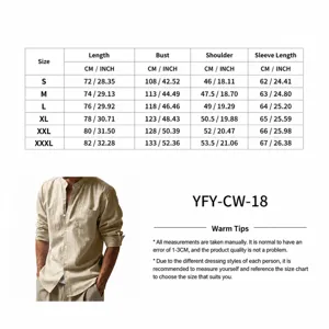 Detailed size chart for men's linen casual shirt including length, bust, and sleeve measurements