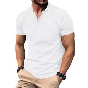 Detailed view of men's white slub cotton Henley T-shirt with vintage textured fabric