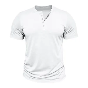 Close-up showing the Henley neckline and slub cotton texture of this white t-shirt