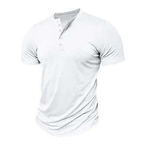 Close-up of a men's white short-sleeved Henley shirt with slub cotton texture details