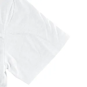 Detailed macro view of slub cotton fabric and double stitching on white short sleeve t-shirt