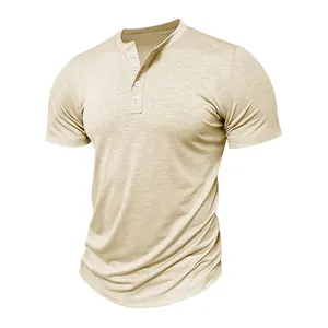 Vintage men's beige slub cotton Henley T-shirt featuring classic four-button placket