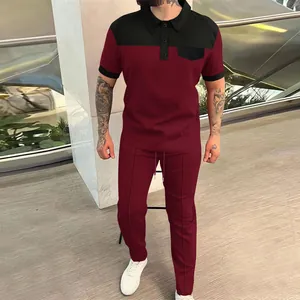 Set Uomo Polo in Maglia a Nido d'Ape a Blocchi di Colore e Pantaloni Lunghi Parte Superiore e Inferiore Casual Sportivo
