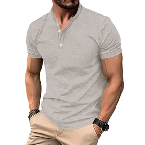 Detailed view of men's vintage slub cotton short sleeve Henley T-shirt