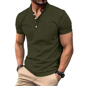 Detailed macro view of a men's olive green slub cotton Henley T-shirt featuring white buttons