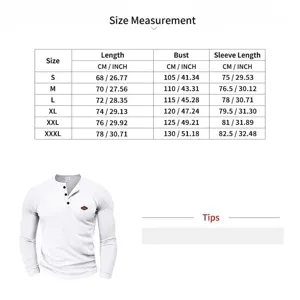 Detailed size chart for men's white waffle knit long sleeve Henley shirt with measurements