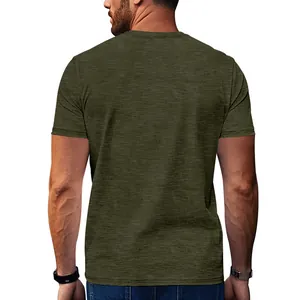 Detailed back view of vintage olive green slub cotton men's casual short sleeve T-shirt