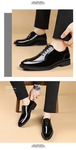 Detailansicht von glänzenden schwarzen Lacklederschuhen für Herren mit Budapester Muster.