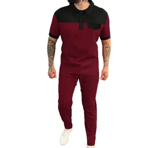 Completo casual da uomo in maglia a nido d'ape a due pezzi con polo e pantaloni lunghi