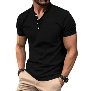 Vintage black slub cotton Henley t-shirt for men with a slim fit and button neck.