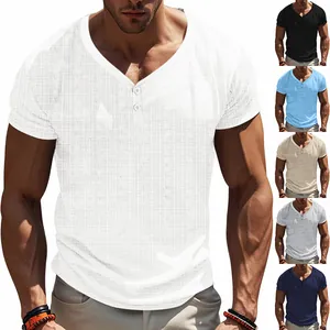 Close-up detail of men's breathable V-neck linen-textured Henley short-sleeve shirt