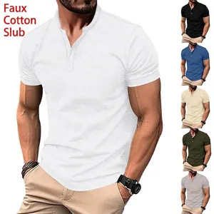 Men's Retro Casual Henley T-Shirt Polyester Slub Texture Short Sleeve Solid Color Slim Fit Summer Top Daily Streetwear