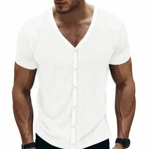 Close-up of men's breathable linen-textured V-neck button-down short sleeve shirt