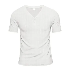 Men's summer Henley shirt with breathable faux linen waffle texture detail
