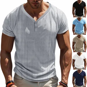 Detailed view of men's textured Henley T-shirts in various colors and linen-like fabric