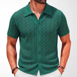 Men's Summer Knit Polo Shirt Viscose Polyester Wave Jacquard Textured Button Up Lapel Collar Short Sleeve Top Business Casual
