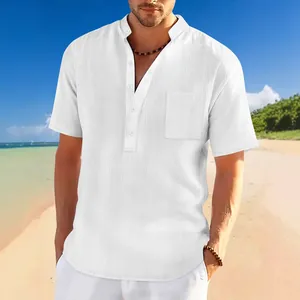 Camisa Henley Casual para Hombre Textura Slub Poliéster Manga Corta Color Sólido Minimalista Cuello Mao Playa Verano Holgado