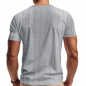 Back view of men's grey textured bamboo linen T-shirt, loose fit and breathable style