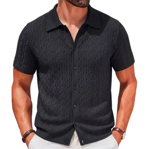 Men's stylish black knitted polo shirt with elegant jacquard pattern and short sleeves
