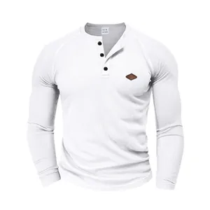 Maglia Henley da uomo in maglia a nido d'ape bianca a maniche lunghe con bottoni