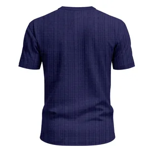 Back view of men's navy blue summer T-shirt with breathable linen-like slub texture