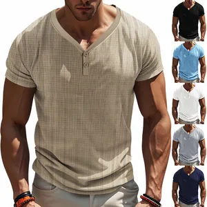 Men's Casual Short Sleeve Henley T-Shirt Slub Texture V-Neck Button Top Breathable American Style Muscle Shirt For Men