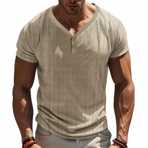 Detailed view of a men's beige Henley t-shirt featuring premium textured slub linen fabric