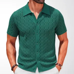Stylish green knit button-up polo shirt for men featuring a textured weave pattern