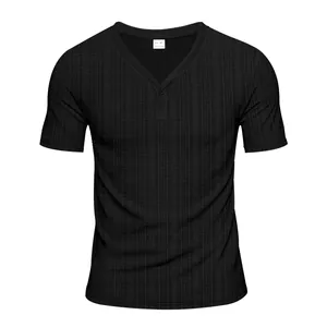 Front view of a black short-sleeve Henley t-shirt featuring a textured linen-like pattern.