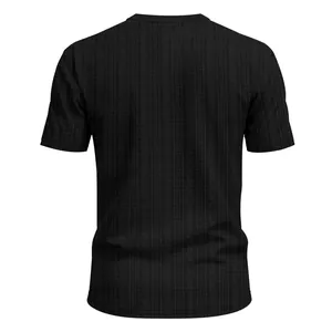 Back view detail of a black men's casual T-shirt with breathable slub linen texture.