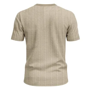 Back view of khaki men's short sleeve T-shirt with textured breathable linen-like fabric
