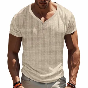 Detailed view of men's V-neck Henley short sleeve t-shirt with slub linen texture