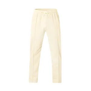 Detailed view of cream men's casual sweatpants with drawstring waist and pintuck seams.