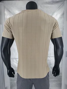 Detailed back view of a beige men's short sleeve t-shirt with breathable linen texture.
